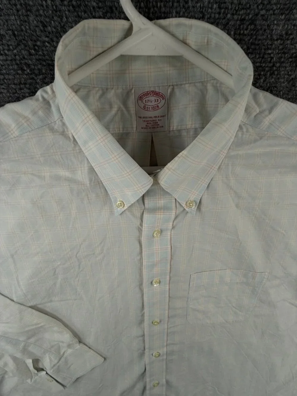 Brooks Brothers Non Iron Button Up Blue Orange Plaid Traditional 17.5 33 **